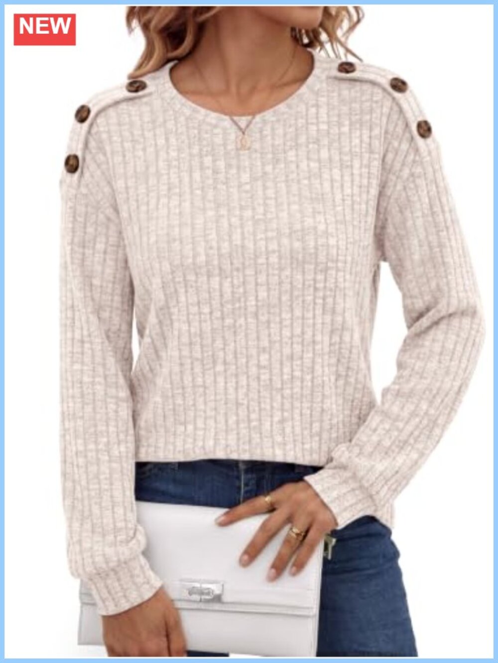 Long Sleeve Ribbed Knit Top with Resin Button Trim Fall Layering